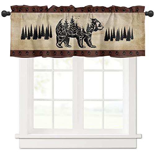 Cabin Curtain Valance for Windows Rustic Black Bear Vintage Pine Tree Silhouettes Rod Pocket Valance Window Treatments 1 Panel Short Curtains for Kitchen Windows Bathroom Bedroom 54 x 18 in