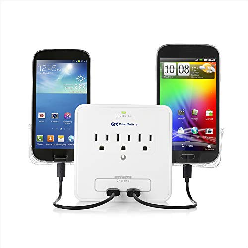 3-Outlet Wall Mount Surge Protector with USB Charging and Smartphone Holders