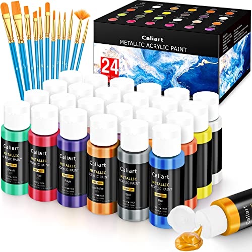 Caliart Metallic Acrylic Paint Set with Brushes, 24 Colors