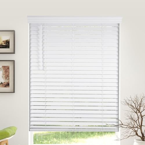 Snow White Cordless Slat Faux Wood Blind with Royal Valance, 32.5"W x 60"H