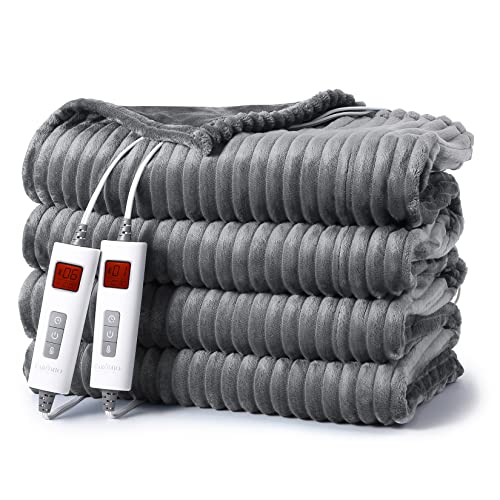 CAROMIO Electric Blanket Queen Size - Soft Ribbed Flannel Heated Blanket