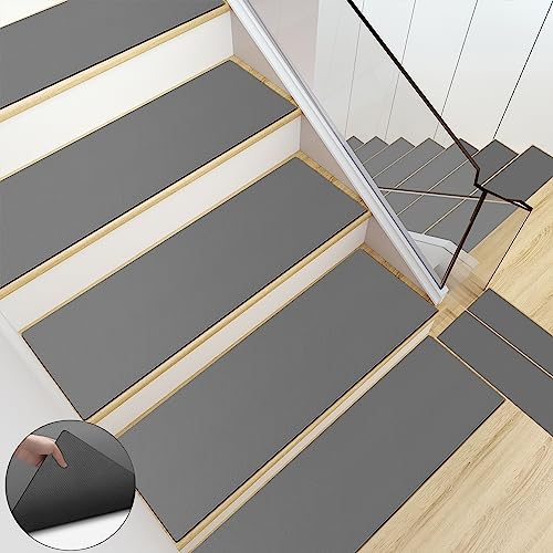 Carpet Stair Treads for Wooden Steps, Non Slip Rubber Stair for Carpeted Stairs, Deep Grey Wide Stairway Grip Tape Strip, 15 Pcs Stair Traction Tread, Pet Friendly Carpet Treads for Wood Stair
