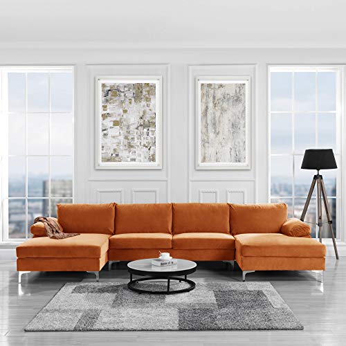 Casa Andrea Milano Modern Large Velvet Fabric U-Shape Sectional Sofa, Double Extra Wide Chaise Lounge Couch, Orange