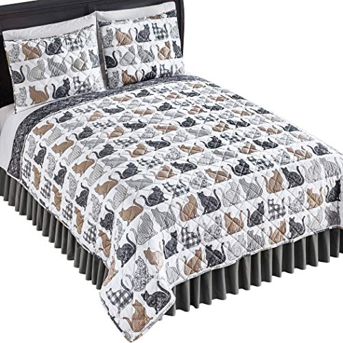 Cat Patterned Grey and Tan Quilt - Bedroom Decor for Cat Lovers
