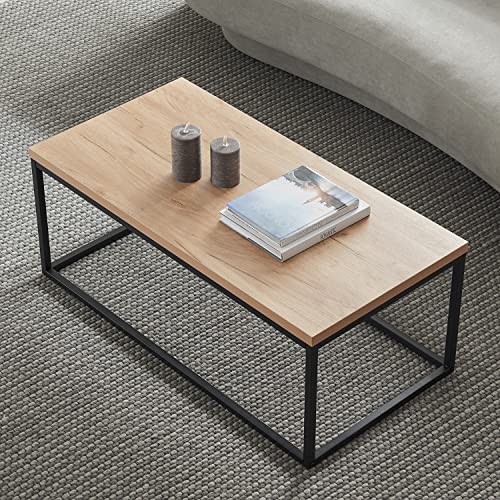 40" Rectangle Natural Oak Coffee Table: Modern Industrial Wood & Metal Ottoman