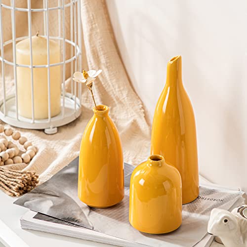 Yellow Ceramic Vase Set of 3 for Modern Farmhouse Decor
