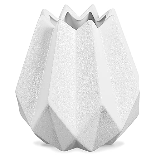 Modern Origami Ceramic Flower Vase for Home Decor, 5.5 Inch, White