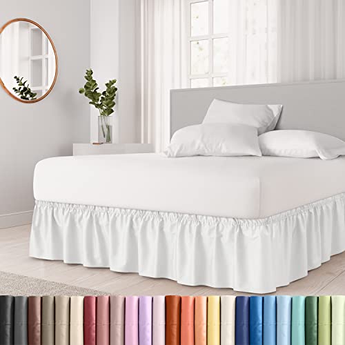 Wrap Around Dust Ruffle Bed Skirt - White - for King Size Beds with 12 in. Drop - Easy Fit Elastic Strap - Pleated Bedskirt with Brushed Fabric - Wrinkle Free, Machine Wash - by CGK Linens