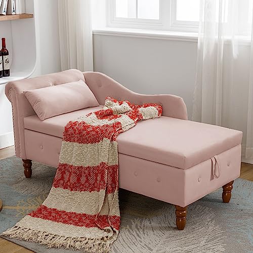 Velvet Lounge Chaise with Storage & Pillow, Pink" - Bellemave