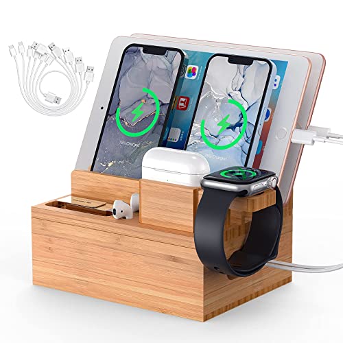 Bamboo Charging Station for Multiple Devices, Alltripal Wood Desktop  Docking Station 7-Port Multi-Charger Organizer Fast USB Charger Compatible  with