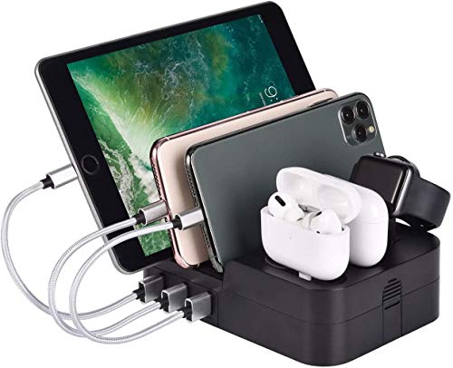 Charging Station for Multiple Devices 6 Port 30W MUZHI Fast Multi USB Charger Station Dock HUB Desktop Wall Charge Stand Organizer for iPad iPhone Airpods iwatch Kindle Tablet Smart Cell Phones Black