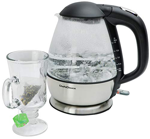 Chef'sChoice 680 Cordless Electric Glass Kettle in Brushed Stainless Steel Includes Illuminated On Off Switch Auto Boil Dry Shut Off Protection, 1.5-Liter, Silver