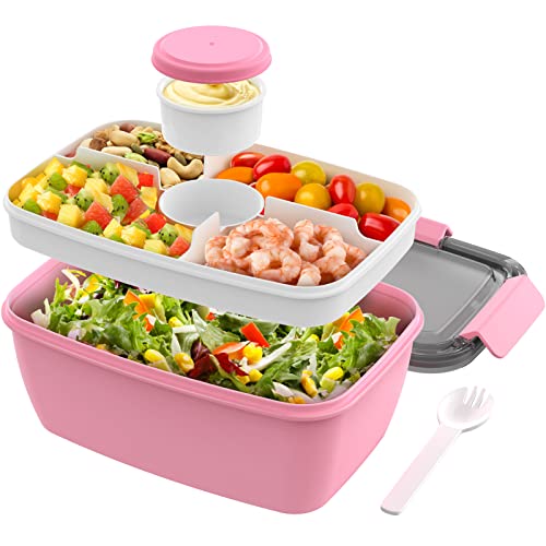 Large 52 oz. Salad Lunch Container, Salad Bowl with 3-compartments, 2-oz. Sauce Container for Dressings and Built-in Stainless Steel Fork and PP Spoon