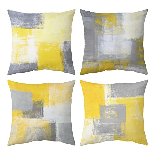 Grey Yellow Abstract Pillow Covers Set of 4, 18 x 18 Inch