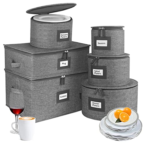 VERONLY China Dinnerware Storage Containers Set- Dish,Mug,Stemware Storage  Cases - Quilted Box Bins Stackable with Divider,handles,Clear Window for