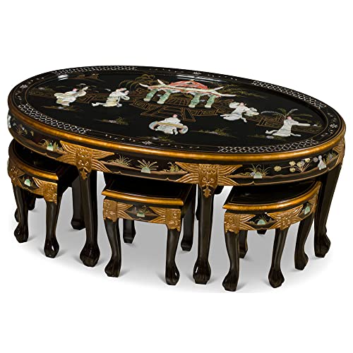 ChinaFurnitureOnline Black Lacquer Mother of Pearl Oval Chinese Coffee Table Set of 6 Chairs