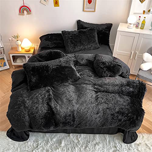Chovy Faux Fur Plush Black Comforter Cover Duvet Cover Queen