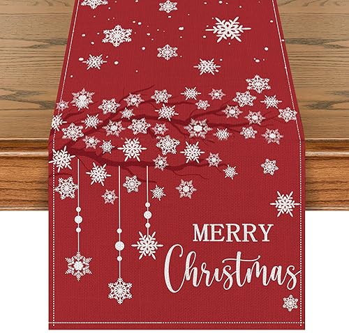 Christmas Table Runner Snowflake Tree Burlap Red 72-Inch