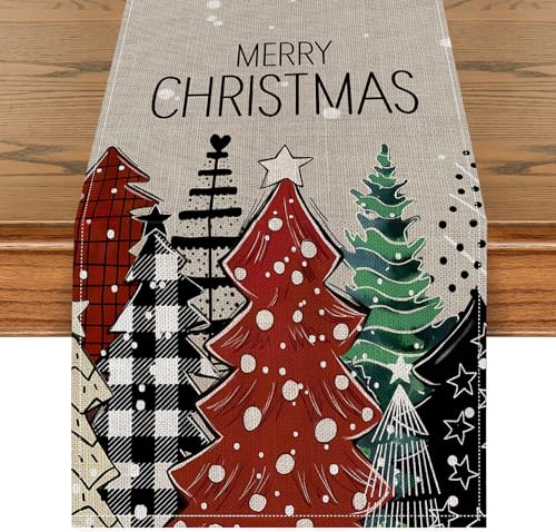 Christmas Table Runner Winter Plaid Burlap Champagne 72 Inches