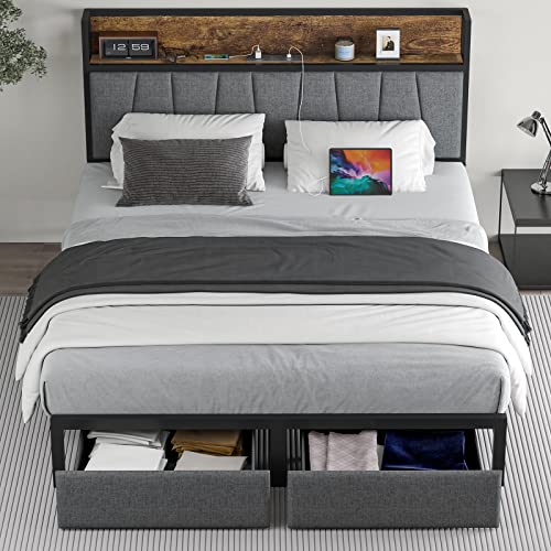 CIKUNASI Full Size Bed Frame with Headboard and Storage