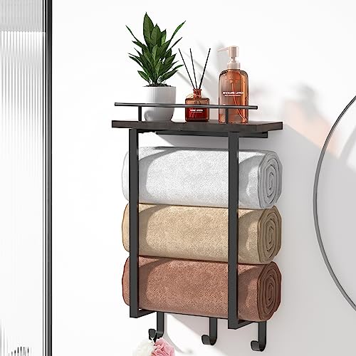 Cinati Metal Bath Towel Holder with Wood Shelf and 3 Hooks