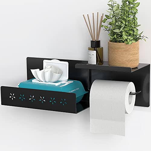 LAYUKI Large Toilet Paper Holder with Shelf, Wipes Dispenser and Storage, Stainless Steel, Wall Mounted, Matt Black, Upgraded