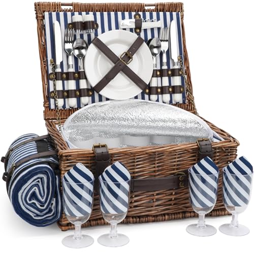 Classic Wicker Picnic Basket with Cooler and Picnic Blanket