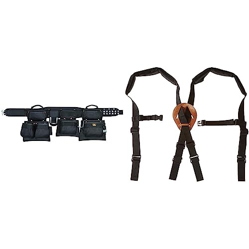 CLC Custom Leathercraft 5605 Professional Carpenters Combo Tool Belt, Black, 18 Pocket & 5122 Padded Construction Suspenders,Black, Large