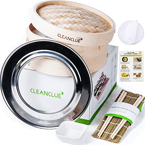 Cleanclue Bamboo Steamer Basket 10 inch and Sushi Roller Gift Set for Cooking