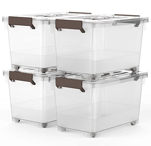 Clear Storage Latch Box/Bin, 4-Pack Plastic Stackable Box with Wheels