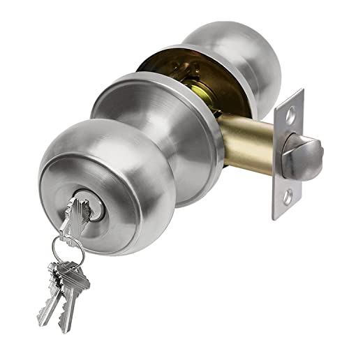 Solid Stainless Steel Keyed Entry Door Knob Set, Round Ball Handle