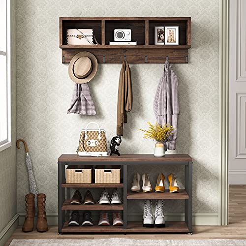 Coat Rack Shoe Bench Set with Storage Cubbies and Hooks