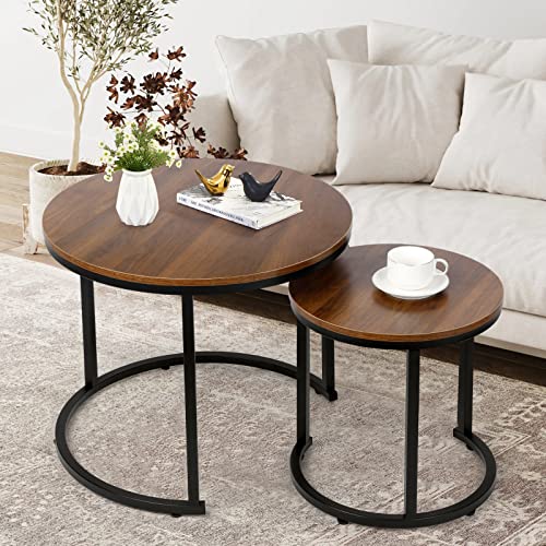 VOWNER Small Round Walnut Nesting Coffee Tables for Living Room