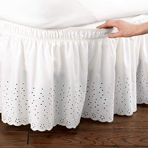 White Eyelet Floral Scalloped Elastic Dust Ruffle Bed Skirt for Queen/King Beds