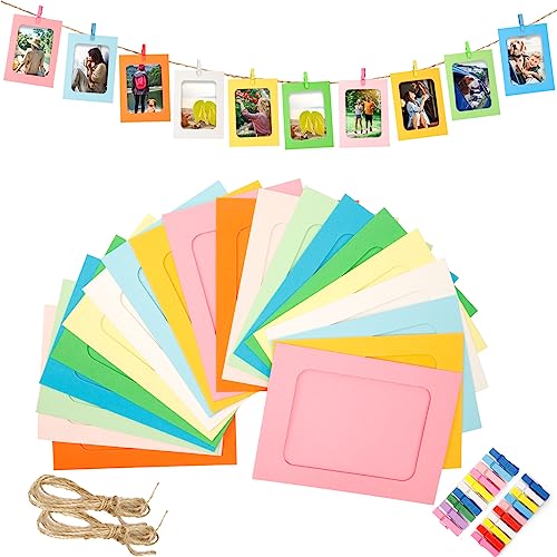 Juvale 50 Pack Paper Picture Frames 4x6, DIY Cardboard Photo Hanging Display with Clips and Strings for Wall Decor (10 Colors)