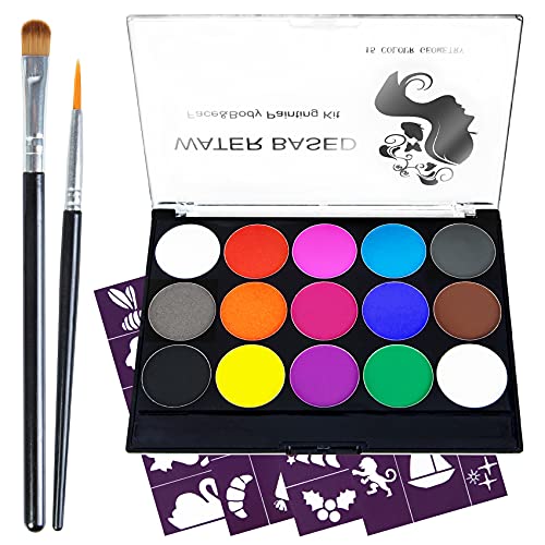 Colorful Face Paint Kit with Brushes and Stencils for Creative Makeup