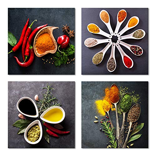 Colorful Spices and Spoon Vintage Canvas Prints Set