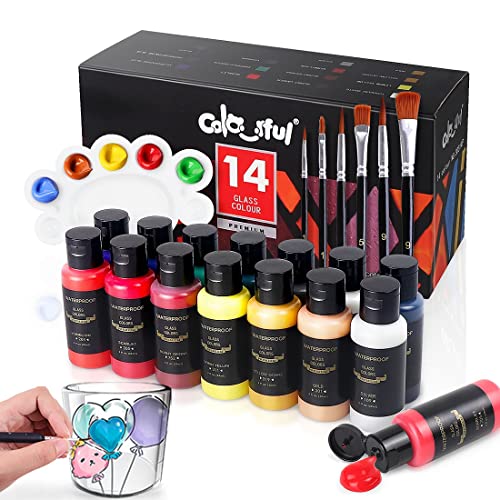 Colorful Glass Painting Kit: 14 Colors, 6 Brushes, 1 Palette