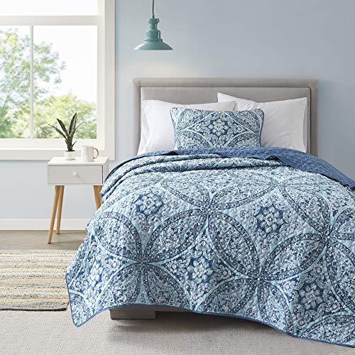 Comfort Spaces Reversible Quilt Set Vermicelli Stitching Design All Season Lightweight Coverlet Bedspread Bedding Matching Shams Twintwin Xl 66 In X 90 In Gloria Damask Aqua 2 Piece 61Zp3g4pj3L 