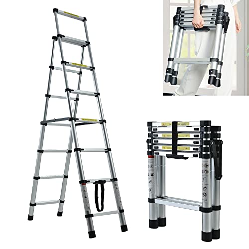 Compact Aluminum Telescoping Ladder - 6+7 Steps, 330lbs Capacity