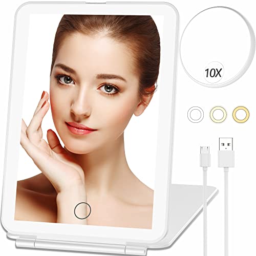 Compact Makeup Mirror with LED Lights and 10X Magnifying Mirror