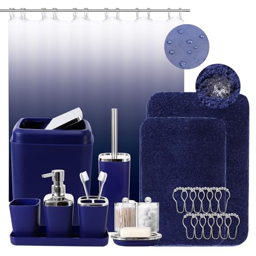 Complete 24Pcs Navy Blue Bathroom Set with Shower Curtain and Rug