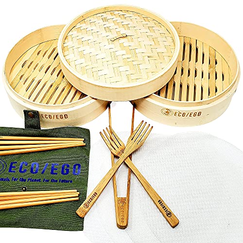 Complete Bamboo Steamer Set with Bonus Cutlery - Healthy and Eco-Friendly