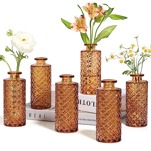 ComSaf Set of 6 Small Amber Diamond Bud Vases for Table Decor