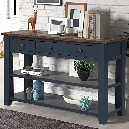 Console Table with Storage Drawers and Shelves, Blue