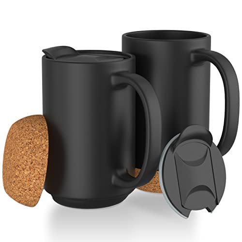 Cork Base Ceramic Mug with Lid - Oversized Coffee Mugs Set