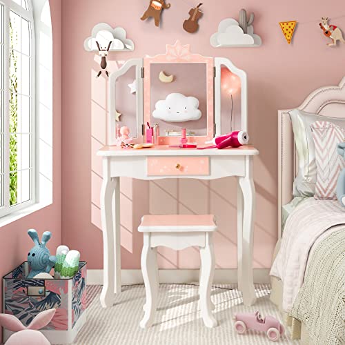 Bophy Girls' Vanity Table and Chair Set, Kids Makeup Dressing Table with  Lights & Wood Makeup Playset, Kids Vanity Set with Mirror & Drawer for Age  4 - 9, Pink (STM-101PA) - Walmart.com