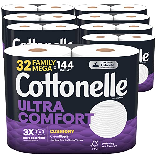 Cottonelle Ultra Comfort Toilet Paper with Cushiony CleaningRipples Texture, Strong Bath Tissue, 32 Family Mega Rolls