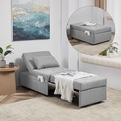 Cozy Castle 3-in-1 Sleeper Chair and Chaise Lounge in Durable Grey Linen