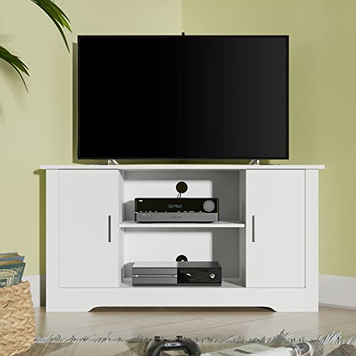 Cozy Castle Small White Corner TV Stand for 50" TV, Wood Cabinet with Doors